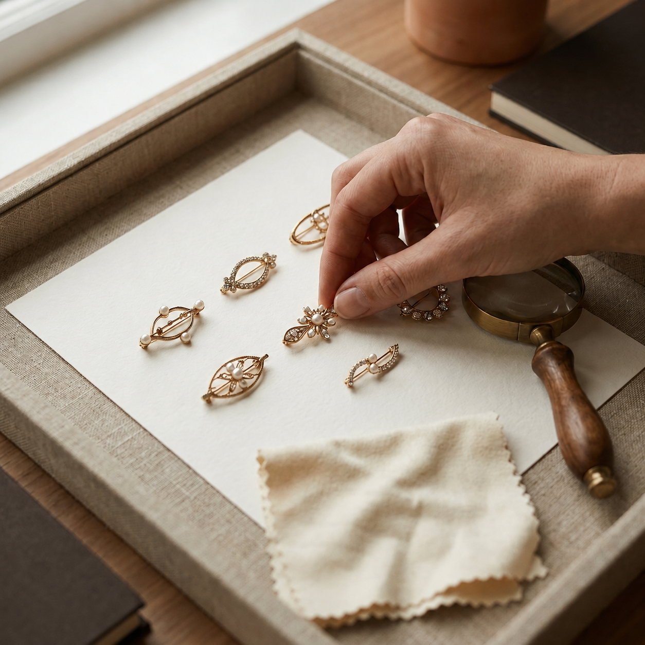 Brooches laid out on a linen tray during selection