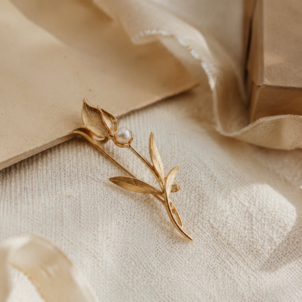 A single gold-tone flower brooch beside a kraft gift box and silk ribbon
